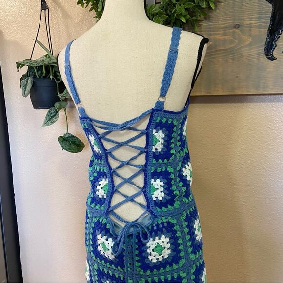 NWOT Lulus Trendsetting Charm Blue Crochet Lace-Up Sleeveless Mini Dress - Picture 6 of 9